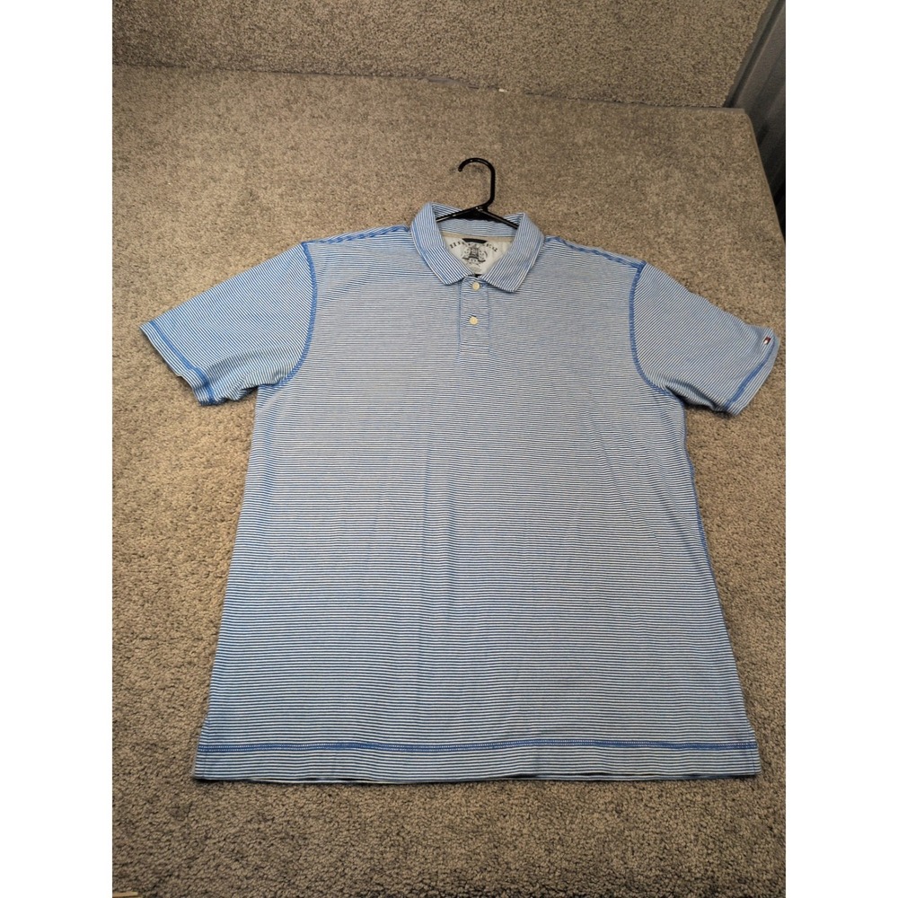 Tommy Hilfiger Mens XL Blue White Striped‎ Short Sleeve Cotton Polo Shirt Logo